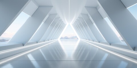 a modern futuristic hallway with a large white wall, in the style of angular, repetitive, photobashing, shaped canvas, light-filled, dark white, aluminum