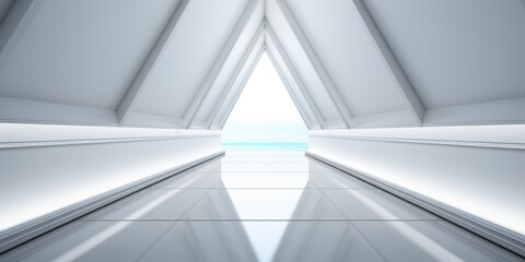 a modern futuristic hallway with a large white wall, in the style of angular, repetitive, photobashing, shaped canvas, light-filled, dark white, aluminum