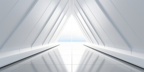 a modern futuristic hallway with a large white wall, in the style of angular, repetitive, photobashing, shaped canvas, light-filled, dark white, aluminum