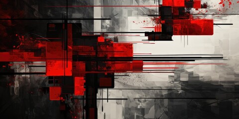 red and white lines are painted on a black background, in the style of light gray and maroon, retro-futurism, photocollage, industrial angles, smokey background, abstraction-création