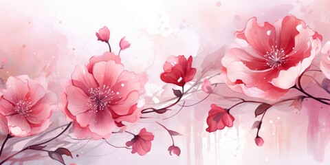 watercolor pink flower background for wallpapers, in the style of light red and red, drips and splatters, soft lines and shapes, transparent layers, romantic graffiti, decorative floral motifs