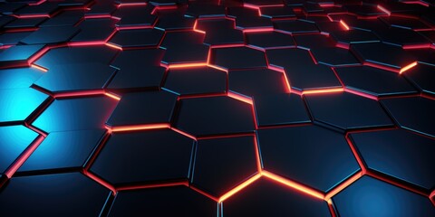 an abstract hexagonal background with blue and red lights, in the style of dark black and cyan,...