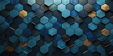 black hexagonal background, in the style of multi-layered geometry, dark azure, recycled,...