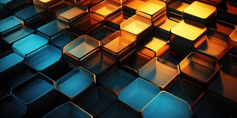 geometric hexagonal background in orange and blue, in the style of luminescence, dark black and...