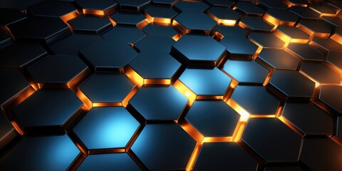 geometric hexagonal background in orange and blue, in the style of luminescence, dark black and yellow, shaped canvas, light sculptures