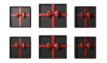 New Isolated Set of Unpacked Gift Boxes. Suitable for sales and contests. Open black frame with red ribbon