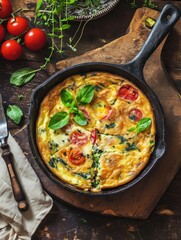 Homemade vegetable and cheese frittata, served on a wooden cutting board.