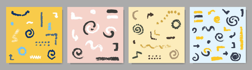 Vector illustration. Colorful hand drawn arrows, dots and lines. Retro color concept. Modern art background collection. Design elements for web banner, social media template. Hand drawn ink brush set