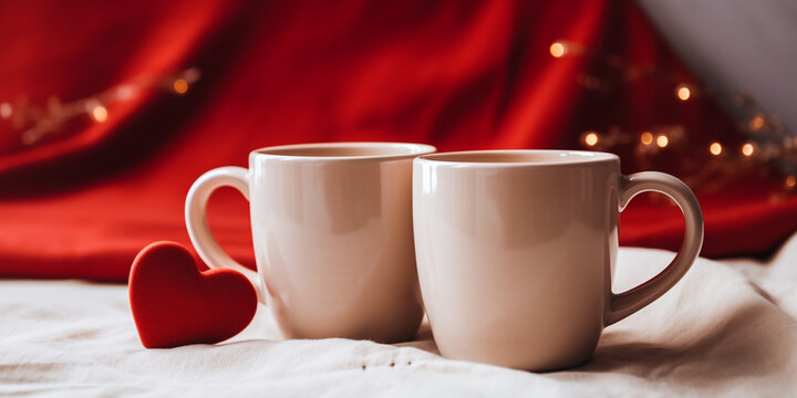 Two mugs decorated with hearts on the table, cozy romantic layout