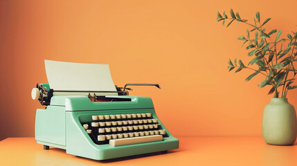 Retro 3d typewriter with blank paper on orange background. Concept for writing, copywriting, creating content, blog posts, ads, promo materials, storytelling.	