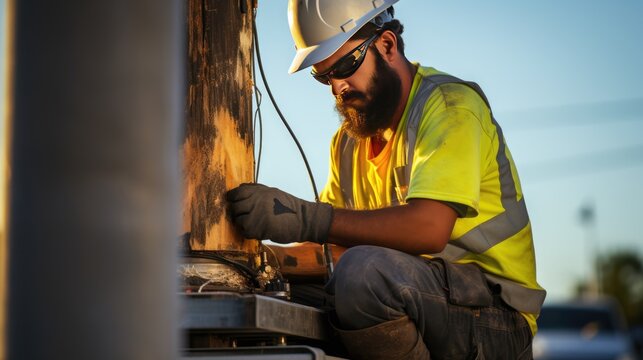 Electrican man repair cable line and transformator on pillow