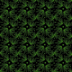 Seamless pattern of lush green lines and dots on a black background