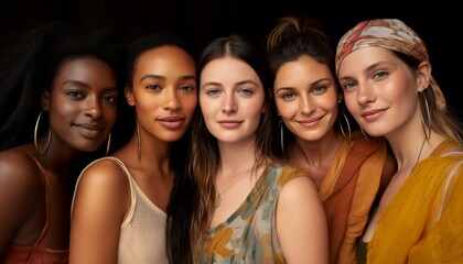 five happy diverse models in a row, dark background