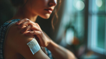 A thoughtful woman with a medical patch on her upper arm, possibly after receiving a vaccination or treating a minor injury. - obrazy, fototapety, plakaty