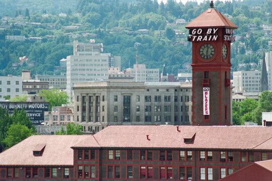 Portland, Oregon, USA - May 14, 1992:  Grainy archival film photograph of Union Station with Go Blazers sports team banner hanging from clock tower.  