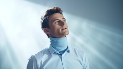 A man wearing a neck brace looks upward, an image reflecting recovery from a neck injury or managing throat discomfort.