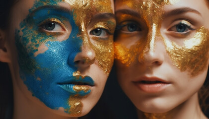 A beautiful young woman with golden face paint and glitter generated by AI