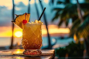Foto op Aluminium Tropical Cocktail Against a Sunset Beach Backdrop © leftmade