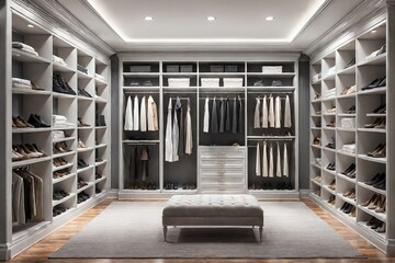 Glamorous walk-in closet room with soft grey walls, hardwood flooring, and a custom built-out closet system with drawers and shelves.