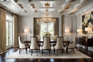 Elegant formal dining room with a coffered ceiling, crystal chandelier, upholstered host chairs, and a dark wood table topped with floral arrangement.