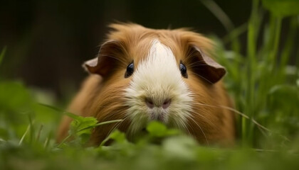 Cute guinea pig eating grass, looking at camera in meadow generated by AI