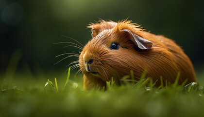 Cute fluffy guinea pig eating grass in the green meadow generated by AI