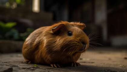 Cute fluffy guinea pig sitting outdoors, eating grass, looking at camera generated by AI