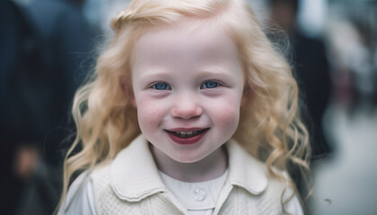 Smiling child, cheerful and cute, radiating happiness in portrait outdoors generated by AI
