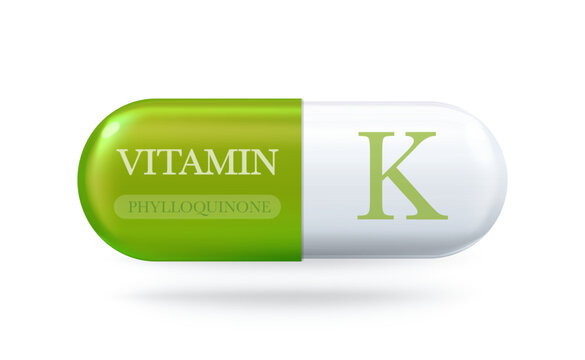 Vitamin K icon. Phylloquinone K vitamin complex. Drop pill capsule. Vector 3d illustration