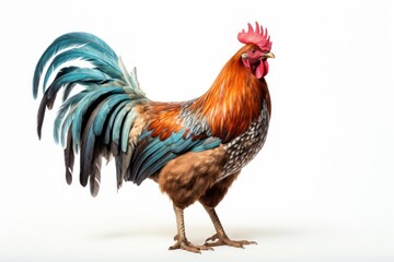 Fototapeta premium Majestic colorful rooster showcasing vibrant feathers, posed standing.