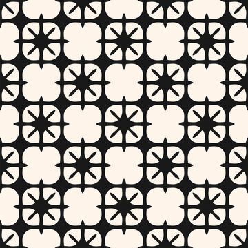 Vector modern floral geometric abstract pattern. Seamless black and white background. Trendy geo leaf ornament. Simple texture with flower shapes, stars, curved grid. Repeat design for paper, print