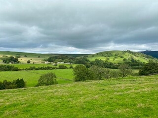 Fototapeta na wymiar Yorkshire rural scene, with fields, wild plants, distant hills and farms, on a cloudy day near, Burnsall, UK