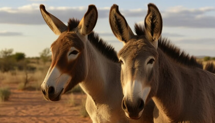 Donkey and horse grazing in meadow at sunset, nature beauty generated by AI