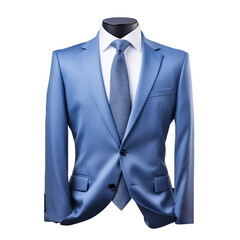Men's light blue coat with white shirt and blue tie on a mannequin