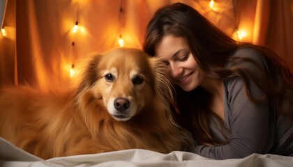 a golden retriever dog and a girl, best friends, lying on a blanket, in the background a glowing string of lights