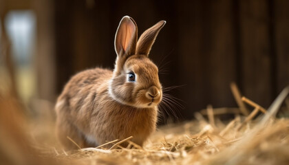 Obraz premium Cute fluffy baby rabbit sitting on grass in nature generated by AI