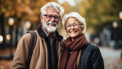 portrait of old couple with glasses, white hair, white beard, happy in a park, bokeh background