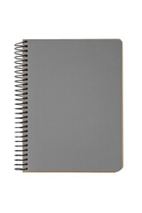 Closed spiral bound notepad with gray cover isolated on white, transparent background, PNG. Top...