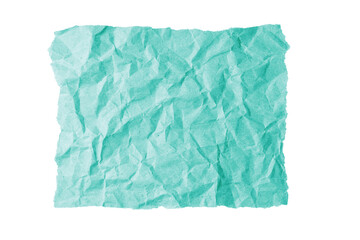 Turquoise crumpled rectangle sheet of paper with torn edge isolated on white, transparent background, PNG. Recycled craft paper wrinkled, creased texture, grunge border. Template, mockup, copy space