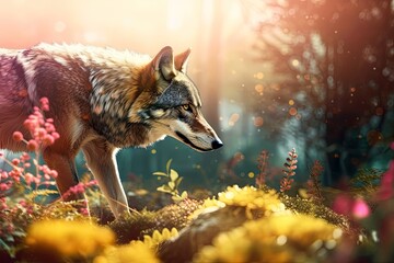 Wild wolf. Amidst the tangled branches, a majestic canis roams - obrazy, fototapety, plakaty