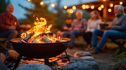 A group of people are sitting around a fire pit at night.