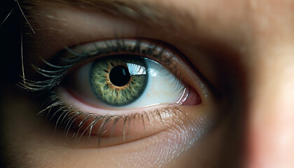 Fototapeta premium Close up of a woman eye, staring with beautiful blue iris generated by AI