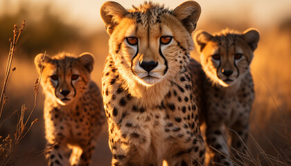 Majestic cheetahs walking in the African wilderness, beauty in nature generated by AI