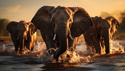 African elephant herd splashing in sunset, nature tranquil beauty generated by AI