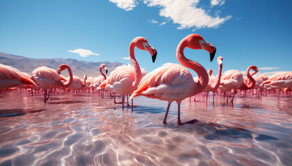 Obraz premium A group of colorful birds fly over a tranquil coastline generated by AI