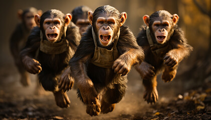 Running monkeys in the wild, screaming, playful in tropical rainforest generated by AI - obrazy, fototapety, plakaty
