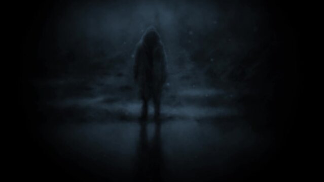 Scary man silhouette in raincoat with hood. Gloomy 2d animation. Creepy maniac character in dark. Spooky reflection in water. Horror fantasy movie. Halloween ghost video clip. Visions of hell. 