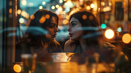 Two young women conversing intimately in a café - obrazy, fototapety, plakaty