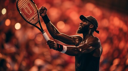 A tennis player jubilantly celebrates with his racket after a victorious match. - obrazy, fototapety, plakaty