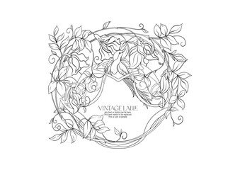 Decorative flowers and bird in art nouveau style, vintage. Border, frame, template for product label, cosmetic packaging. Vector illustration. Coloring page for the adult coloring book.